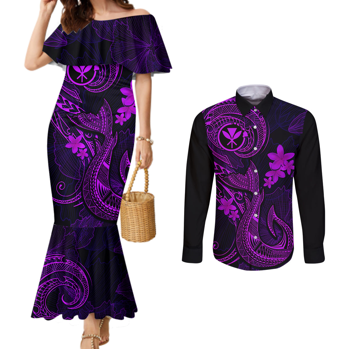 hawaii-couples-matching-mermaid-dress-and-long-sleeve-button-shirts-fish-hook-tattoo-mix-polynesian-plumeria-purple-version