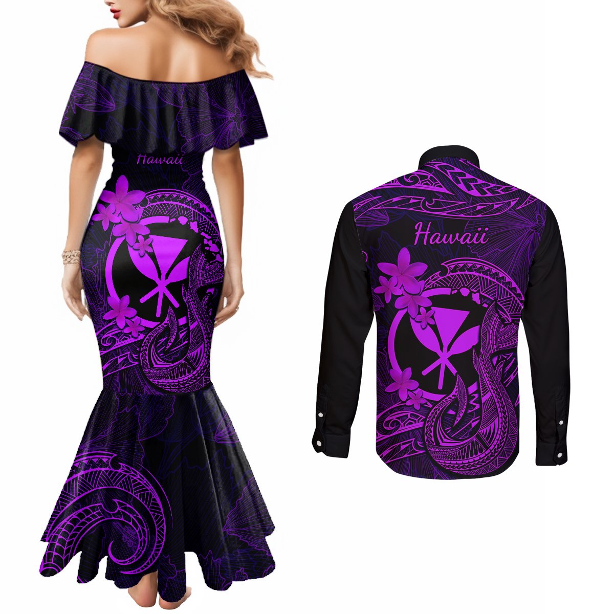 hawaii-couples-matching-mermaid-dress-and-long-sleeve-button-shirts-fish-hook-tattoo-mix-polynesian-plumeria-purple-version