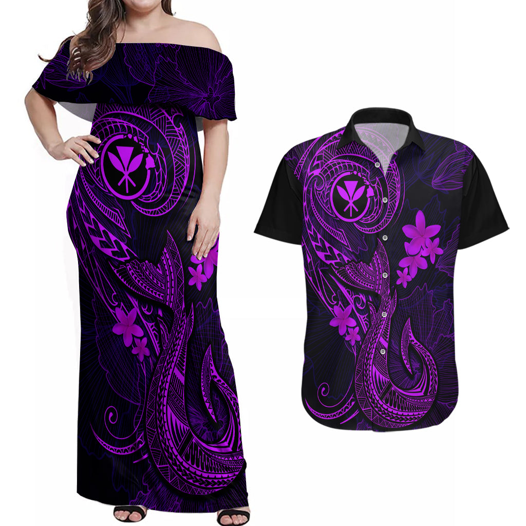 Hawaii Couples Matching Off Shoulder Maxi Dress and Hawaiian Shirt Fish Hook Tattoo Mix Polynesian Plumeria Purple Version - Wonder Print Shop