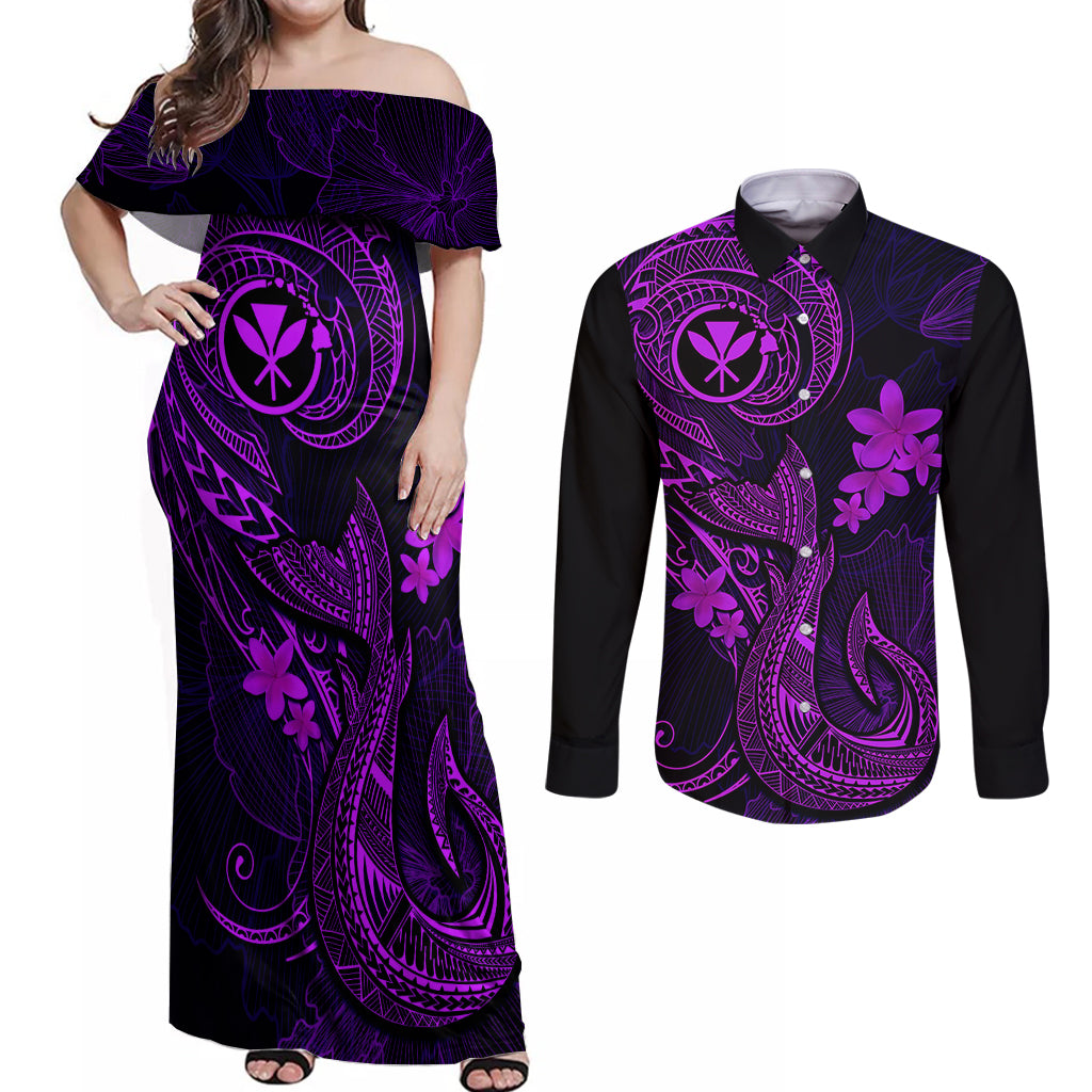 Hawaii Couples Matching Off Shoulder Maxi Dress and Long Sleeve Button Shirts Fish Hook Tattoo Mix Polynesian Plumeria Purple Version - Wonder Print Shop