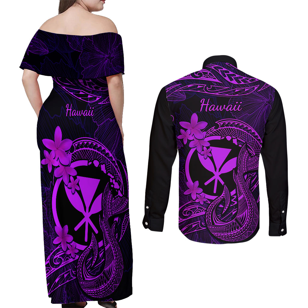 Hawaii Couples Matching Off Shoulder Maxi Dress and Long Sleeve Button Shirts Fish Hook Tattoo Mix Polynesian Plumeria Purple Version - Wonder Print Shop