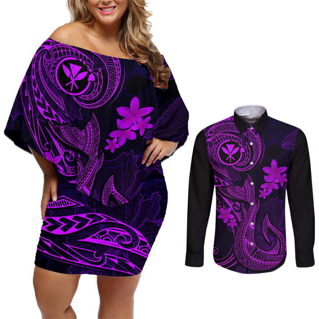 Hawaii Couples Matching Off Shoulder Short Dress and Long Sleeve Button Shirts Fish Hook Tattoo Mix Polynesian Plumeria Purple Version - Wonder Print Shop