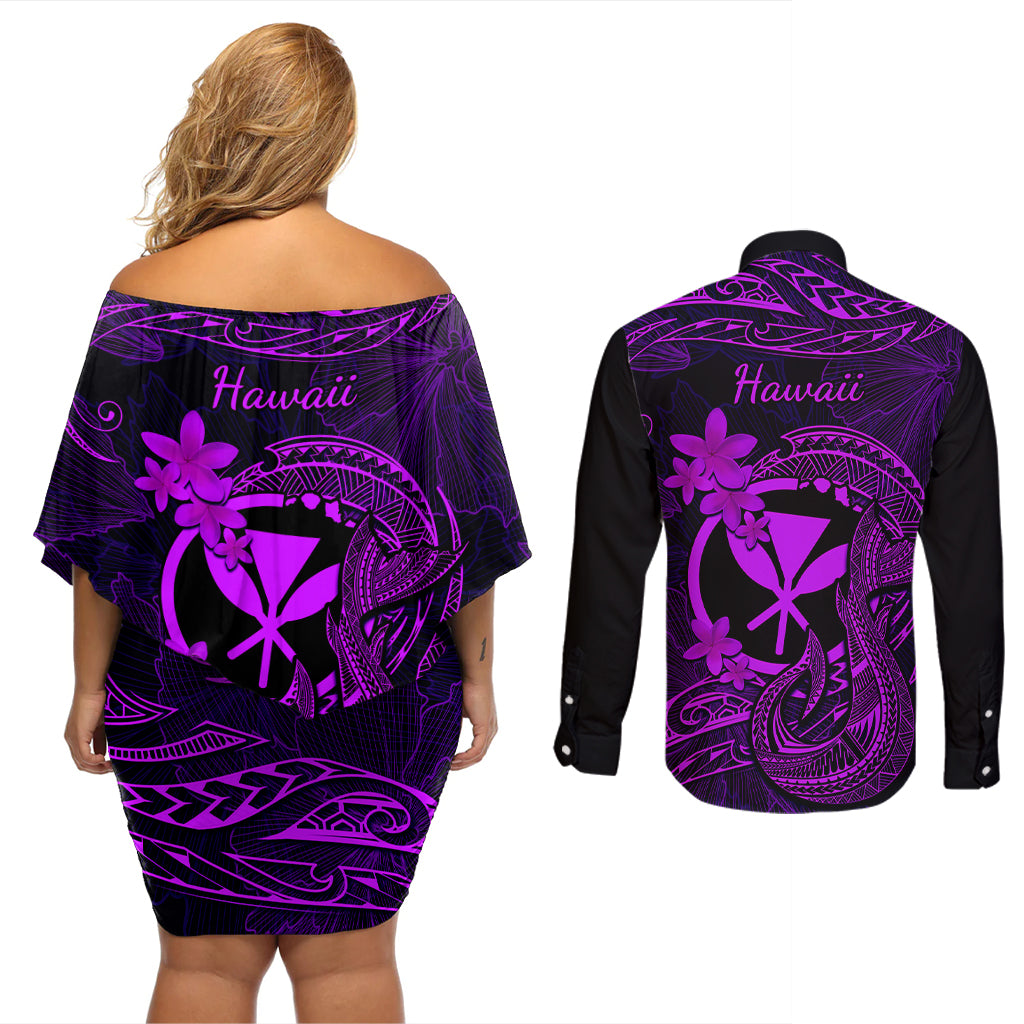 Hawaii Couples Matching Off Shoulder Short Dress and Long Sleeve Button Shirts Fish Hook Tattoo Mix Polynesian Plumeria Purple Version - Wonder Print Shop
