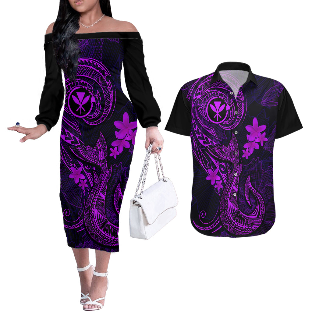 Hawaii Couples Matching Off The Shoulder Long Sleeve Dress and Hawaiian Shirt Fish Hook Tattoo Mix Polynesian Plumeria Purple Version - Wonder Print Shop