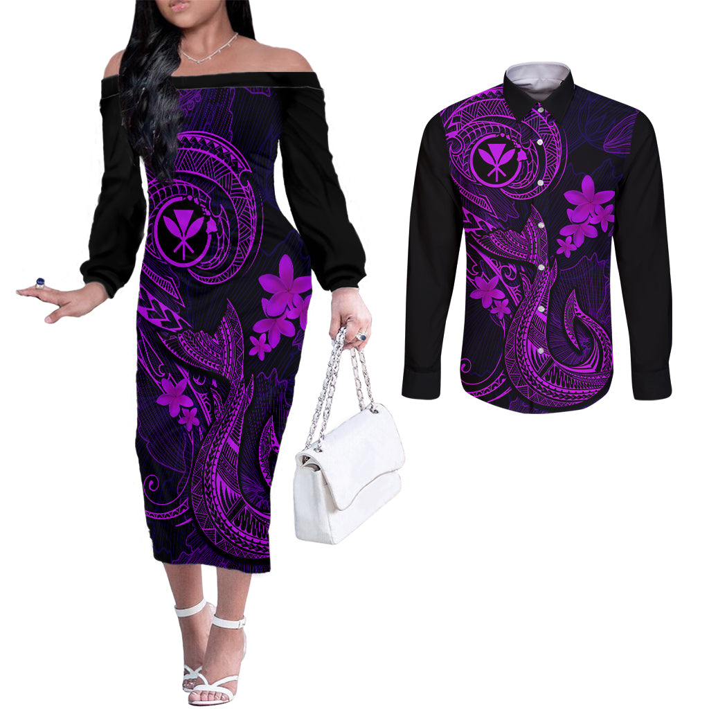 hawaii-couples-matching-off-the-shoulder-long-sleeve-dress-and-long-sleeve-button-shirts-fish-hook-tattoo-mix-polynesian-plumeria-purple-version