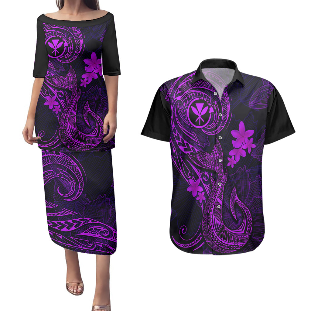 Hawaii Couples Matching Puletasi Dress and Hawaiian Shirt Fish Hook Tattoo Mix Polynesian Plumeria Purple Version - Wonder Print Shop