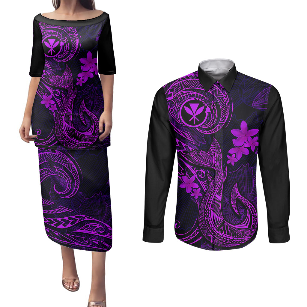 Hawaii Couples Matching Puletasi Dress and Long Sleeve Button Shirts Fish Hook Tattoo Mix Polynesian Plumeria Purple Version - Wonder Print Shop