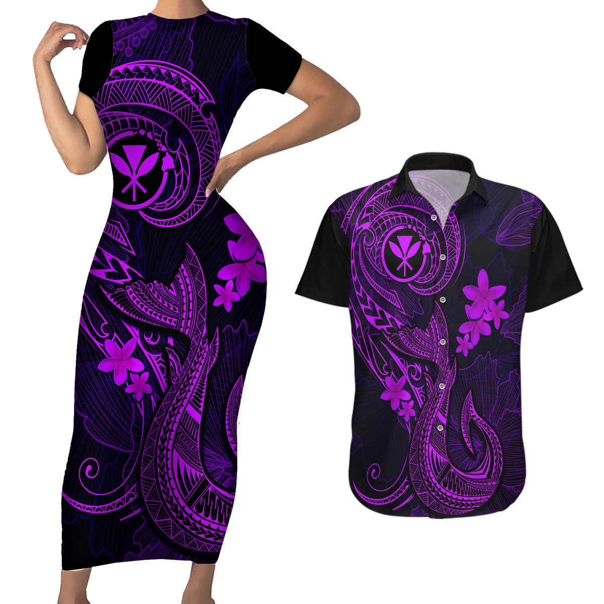Hawaii Couples Matching Short Sleeve Bodycon Dress and Hawaiian Shirt Fish Hook Tattoo Mix Polynesian Plumeria Purple Version - Wonder Print Shop