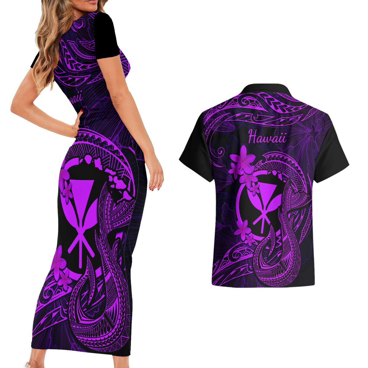 Hawaii Couples Matching Short Sleeve Bodycon Dress and Hawaiian Shirt Fish Hook Tattoo Mix Polynesian Plumeria Purple Version - Wonder Print Shop