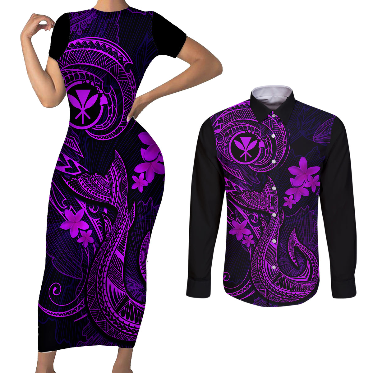 Hawaii Couples Matching Short Sleeve Bodycon Dress and Long Sleeve Button Shirts Fish Hook Tattoo Mix Polynesian Plumeria Purple Version - Wonder Print Shop