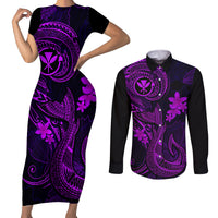 Hawaii Couples Matching Short Sleeve Bodycon Dress and Long Sleeve Button Shirts Fish Hook Tattoo Mix Polynesian Plumeria Purple Version - Wonder Print Shop