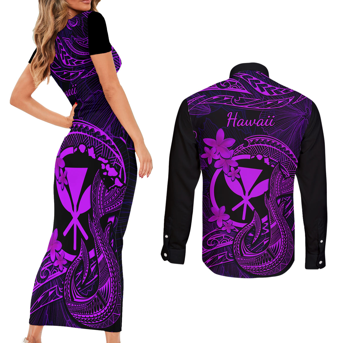 Hawaii Couples Matching Short Sleeve Bodycon Dress and Long Sleeve Button Shirts Fish Hook Tattoo Mix Polynesian Plumeria Purple Version - Wonder Print Shop