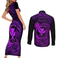 Hawaii Couples Matching Short Sleeve Bodycon Dress and Long Sleeve Button Shirts Fish Hook Tattoo Mix Polynesian Plumeria Purple Version - Wonder Print Shop