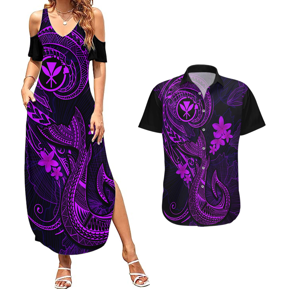Hawaii Couples Matching Summer Maxi Dress and Hawaiian Shirt Fish Hook Tattoo Mix Polynesian Plumeria Purple Version - Wonder Print Shop