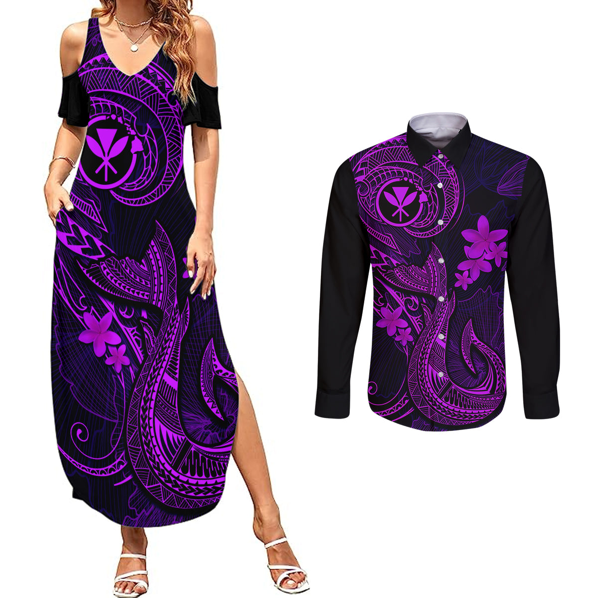 Hawaii Couples Matching Summer Maxi Dress and Long Sleeve Button Shirts Fish Hook Tattoo Mix Polynesian Plumeria Purple Version - Wonder Print Shop