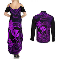 Hawaii Couples Matching Summer Maxi Dress and Long Sleeve Button Shirts Fish Hook Tattoo Mix Polynesian Plumeria Purple Version - Wonder Print Shop
