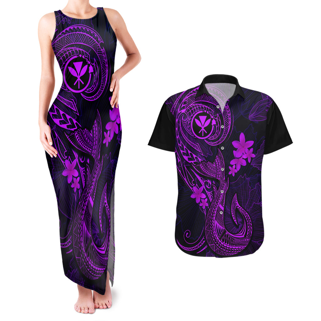 Hawaii Couples Matching Tank Maxi Dress and Hawaiian Shirt Fish Hook Tattoo Mix Polynesian Plumeria Purple Version - Wonder Print Shop