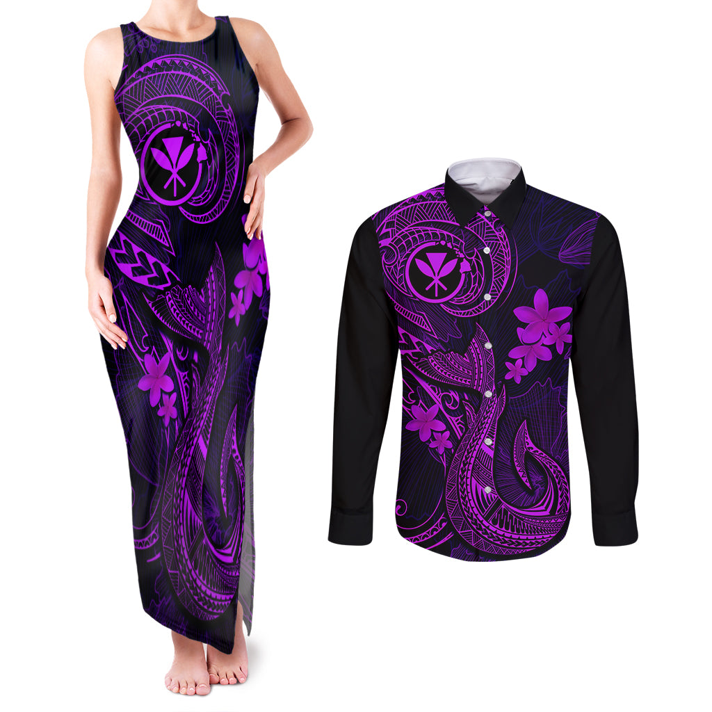 Hawaii Couples Matching Tank Maxi Dress and Long Sleeve Button Shirts Fish Hook Tattoo Mix Polynesian Plumeria Purple Version - Wonder Print Shop