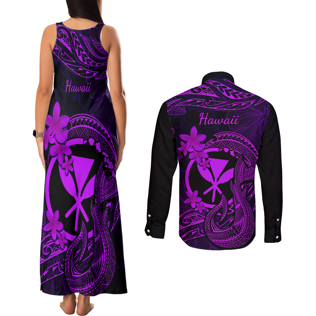 Hawaii Couples Matching Tank Maxi Dress and Long Sleeve Button Shirts Fish Hook Tattoo Mix Polynesian Plumeria Purple Version - Wonder Print Shop