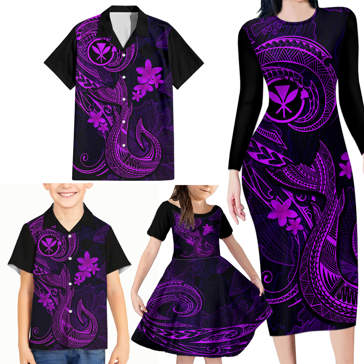 Hawaii Family Matching Long Sleeve Bodycon Dress and Hawaiian Shirt Fish Hook Tattoo Mix Polynesian Plumeria Purple Version - Wonder Print Shop