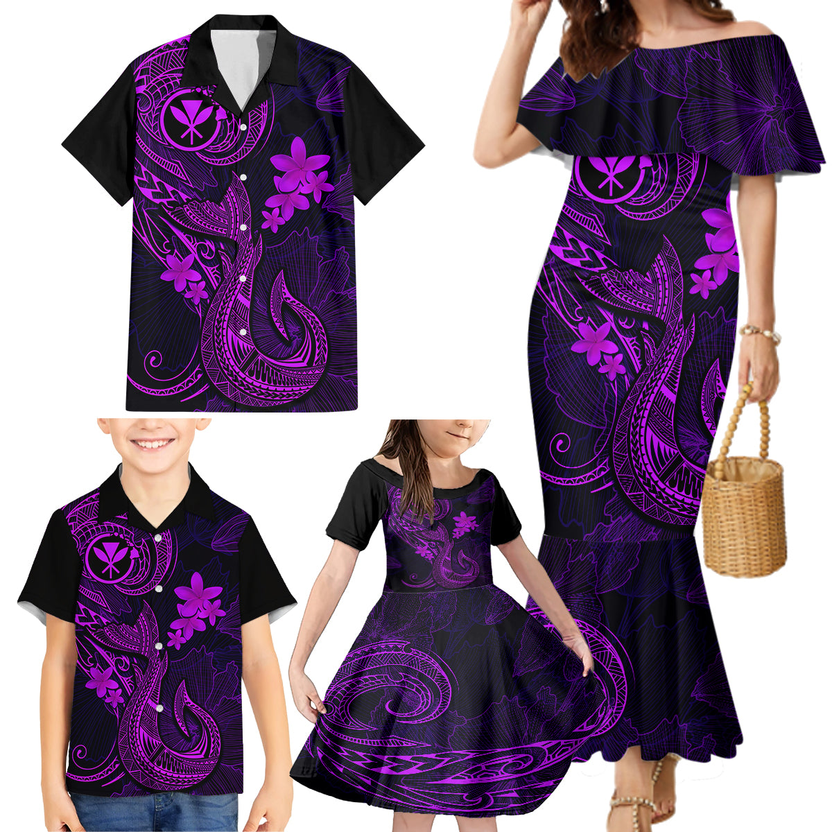 Hawaii Family Matching Mermaid Dress and Hawaiian Shirt Fish Hook Tattoo Mix Polynesian Plumeria Purple Version - Wonder Print Shop
