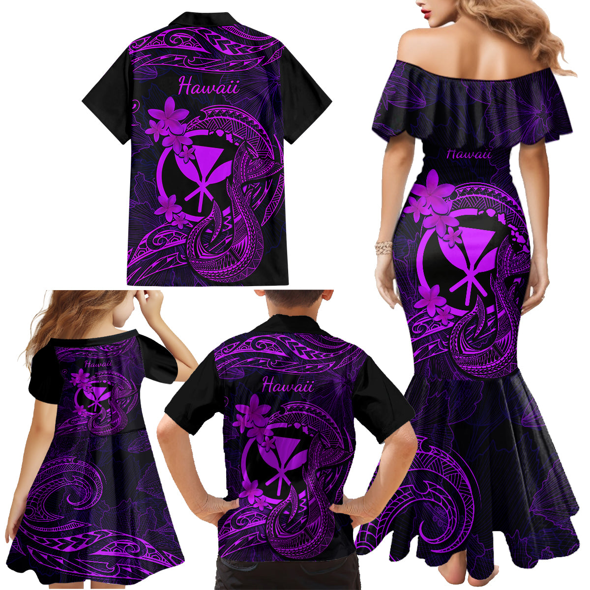 Hawaii Family Matching Mermaid Dress and Hawaiian Shirt Fish Hook Tattoo Mix Polynesian Plumeria Purple Version - Wonder Print Shop