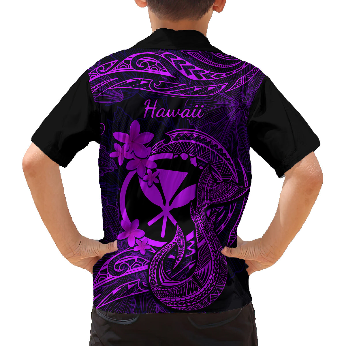 Hawaii Family Matching Off Shoulder Long Sleeve Dress and Hawaiian Shirt Fish Hook Tattoo Mix Polynesian Plumeria Purple Version - Wonder Print Shop