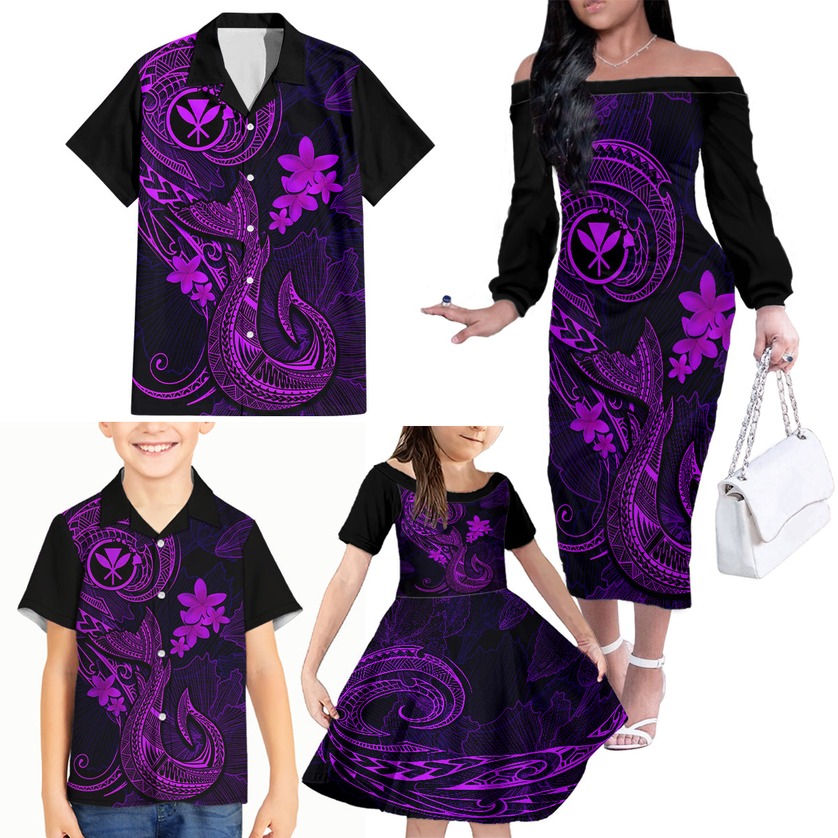 Hawaii Family Matching Off Shoulder Long Sleeve Dress and Hawaiian Shirt Fish Hook Tattoo Mix Polynesian Plumeria Purple Version - Wonder Print Shop