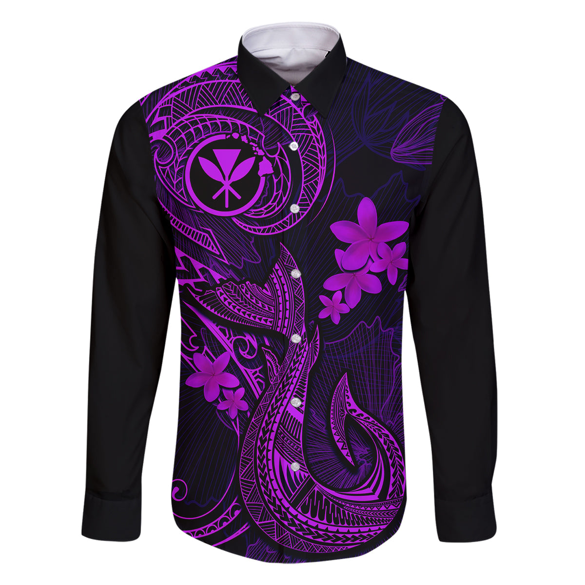Hawaii Family Matching Off Shoulder Long Sleeve Dress and Hawaiian Shirt Fish Hook Tattoo Mix Polynesian Plumeria Purple Version - Wonder Print Shop