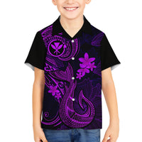 Hawaii Family Matching Off Shoulder Long Sleeve Dress and Hawaiian Shirt Fish Hook Tattoo Mix Polynesian Plumeria Purple Version - Wonder Print Shop