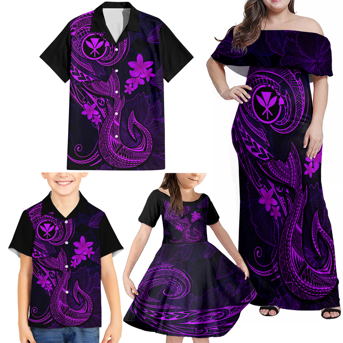 Hawaii Family Matching Off Shoulder Maxi Dress and Hawaiian Shirt Fish Hook Tattoo Mix Polynesian Plumeria Purple Version - Wonder Print Shop