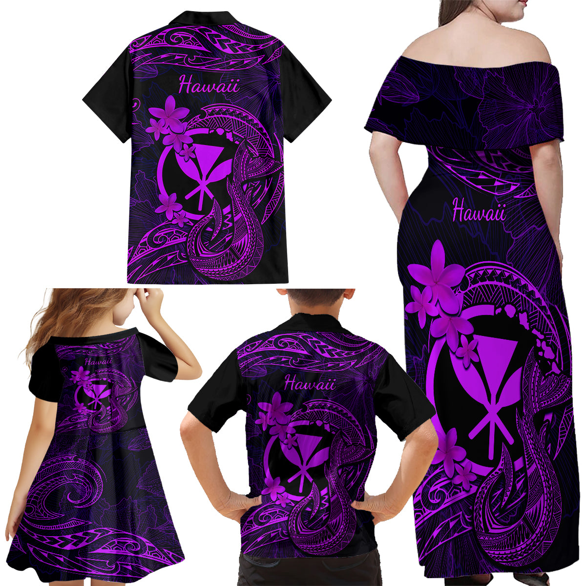 Hawaii Family Matching Off Shoulder Maxi Dress and Hawaiian Shirt Fish Hook Tattoo Mix Polynesian Plumeria Purple Version - Wonder Print Shop