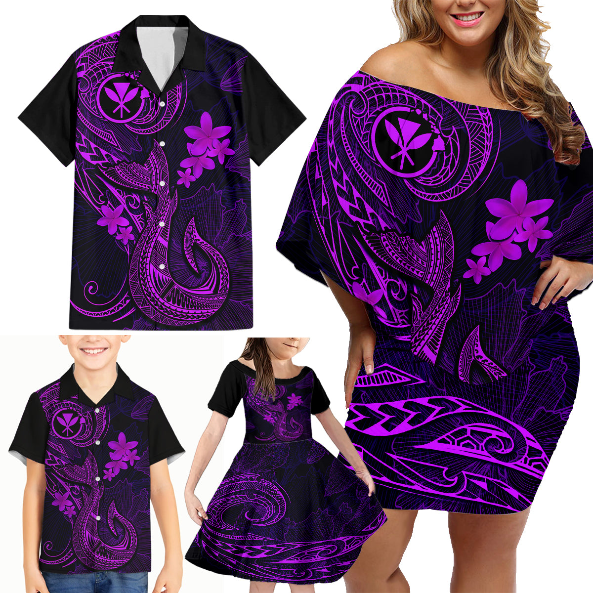 Hawaii Family Matching Off Shoulder Short Dress and Hawaiian Shirt Fish Hook Tattoo Mix Polynesian Plumeria Purple Version - Wonder Print Shop