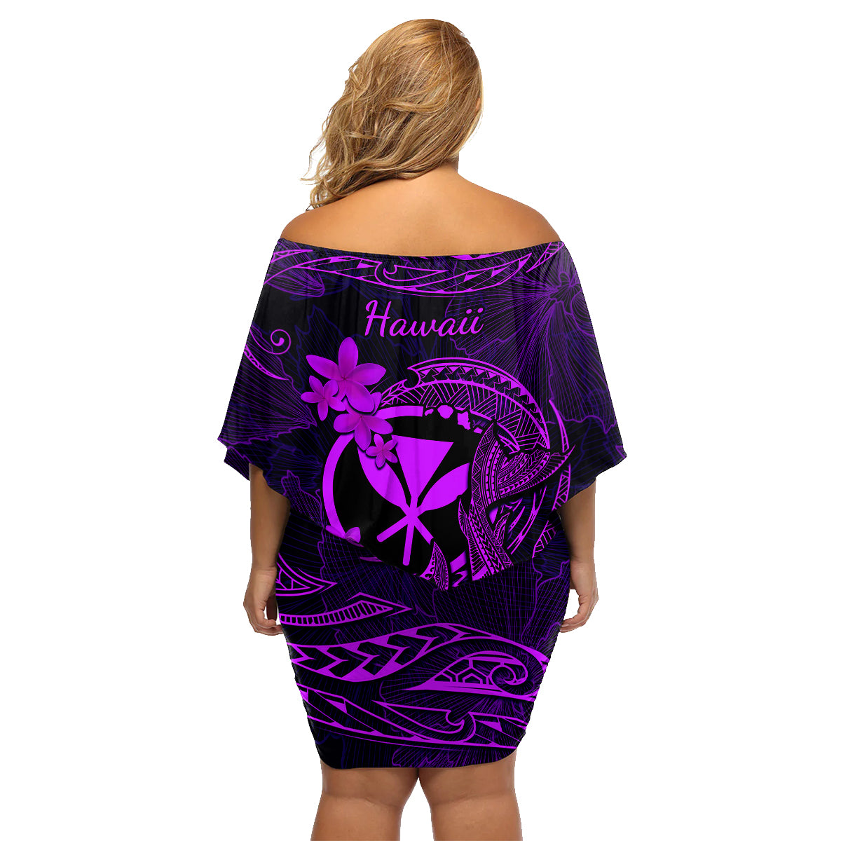 Hawaii Family Matching Off Shoulder Short Dress and Hawaiian Shirt Fish Hook Tattoo Mix Polynesian Plumeria Purple Version - Wonder Print Shop