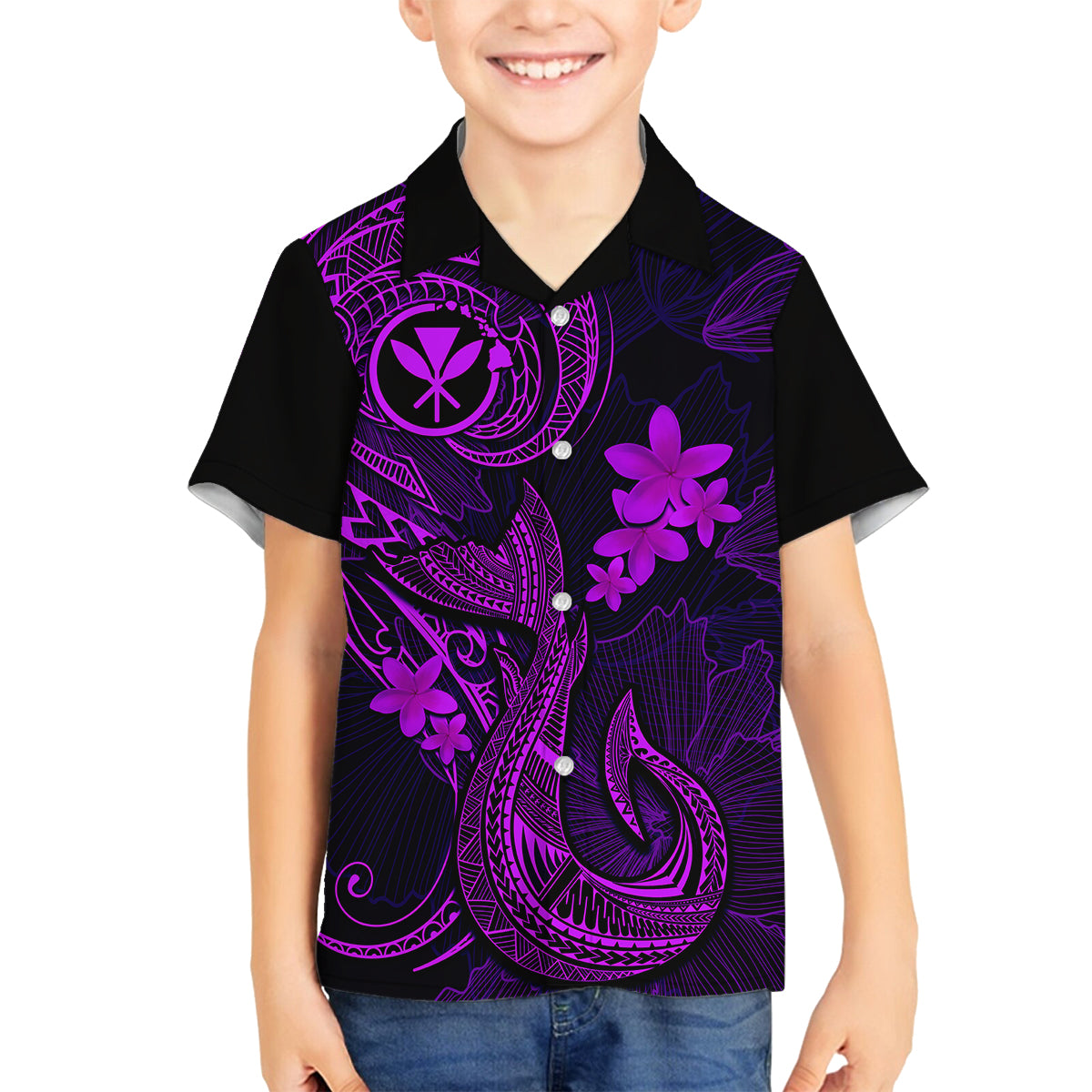 Hawaii Family Matching Off Shoulder Short Dress and Hawaiian Shirt Fish Hook Tattoo Mix Polynesian Plumeria Purple Version - Wonder Print Shop