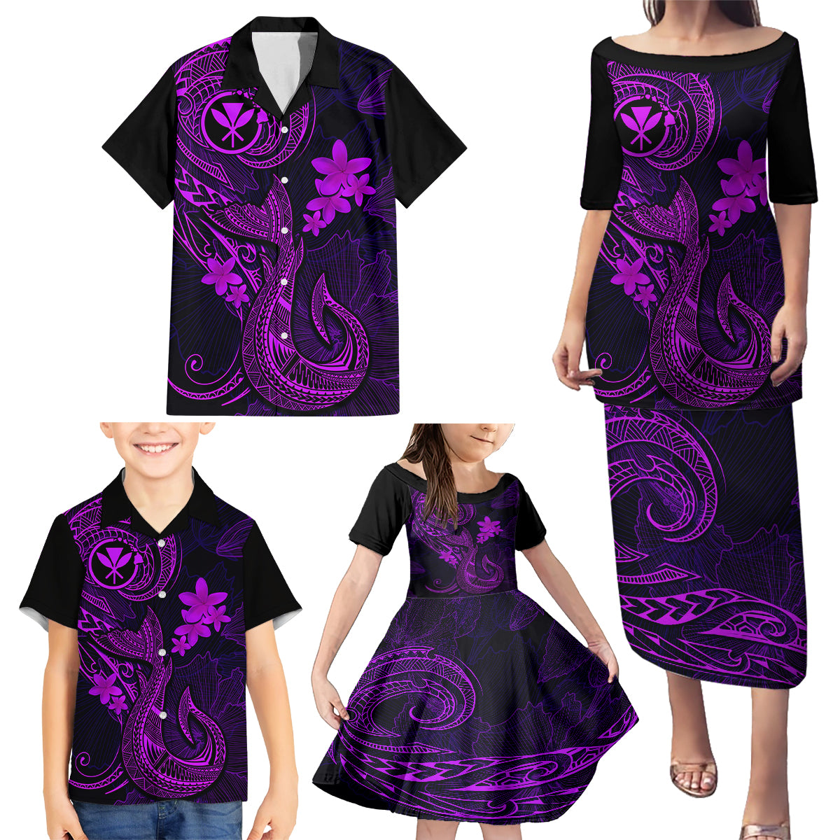 Hawaii Family Matching Puletasi Dress and Hawaiian Shirt Fish Hook Tattoo Mix Polynesian Plumeria Purple Version - Wonder Print Shop