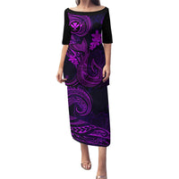 Hawaii Family Matching Puletasi Dress and Hawaiian Shirt Fish Hook Tattoo Mix Polynesian Plumeria Purple Version - Wonder Print Shop