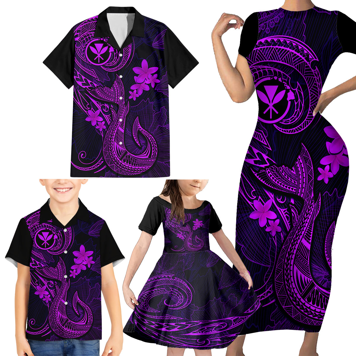 Hawaii Family Matching Short Sleeve Bodycon Dress and Hawaiian Shirt Fish Hook Tattoo Mix Polynesian Plumeria Purple Version - Wonder Print Shop