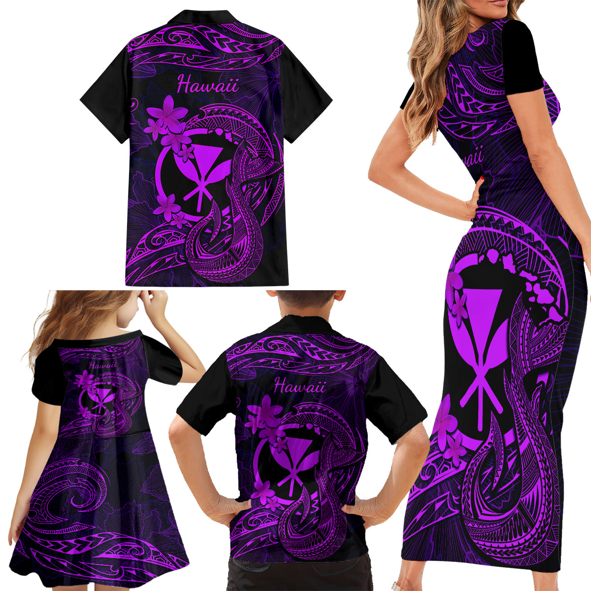 Hawaii Family Matching Short Sleeve Bodycon Dress and Hawaiian Shirt Fish Hook Tattoo Mix Polynesian Plumeria Purple Version - Wonder Print Shop