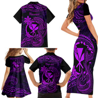 Hawaii Family Matching Short Sleeve Bodycon Dress and Hawaiian Shirt Fish Hook Tattoo Mix Polynesian Plumeria Purple Version - Wonder Print Shop