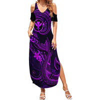 Hawaii Family Matching Summer Maxi Dress and Hawaiian Shirt Fish Hook Tattoo Mix Polynesian Plumeria Purple Version - Wonder Print Shop