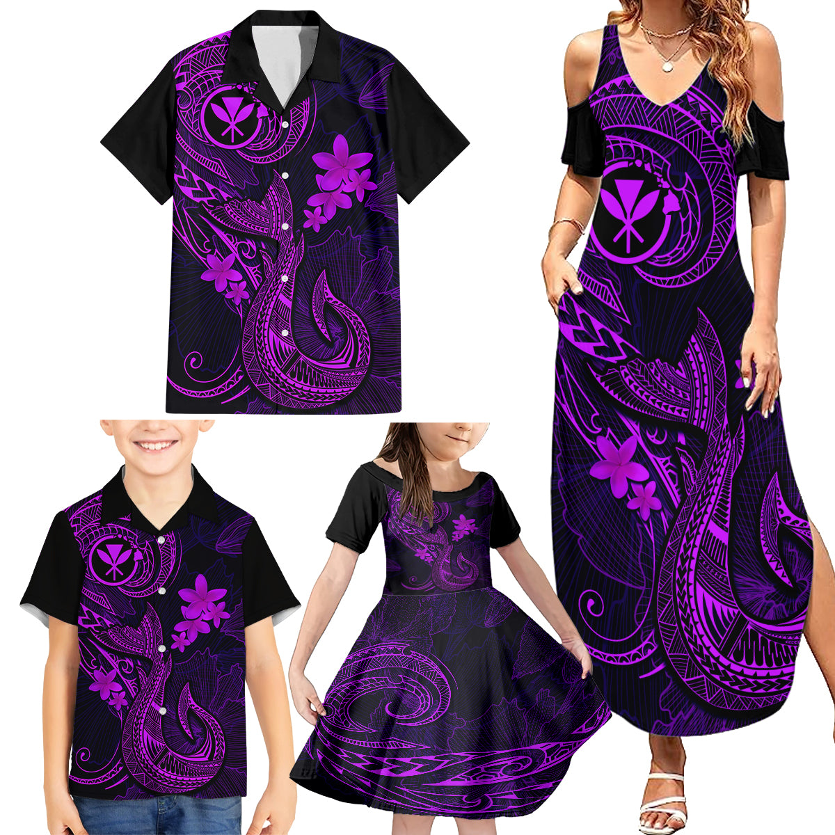 Hawaii Family Matching Summer Maxi Dress and Hawaiian Shirt Fish Hook Tattoo Mix Polynesian Plumeria Purple Version - Wonder Print Shop