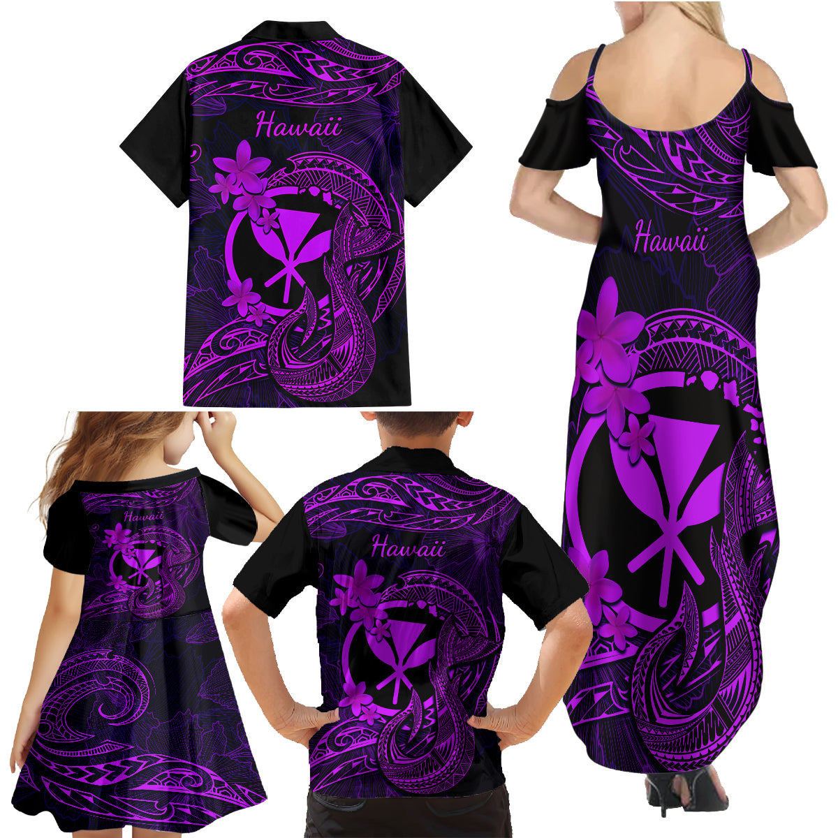 Hawaii Family Matching Summer Maxi Dress and Hawaiian Shirt Fish Hook Tattoo Mix Polynesian Plumeria Purple Version - Wonder Print Shop