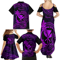 Hawaii Family Matching Summer Maxi Dress and Hawaiian Shirt Fish Hook Tattoo Mix Polynesian Plumeria Purple Version - Wonder Print Shop