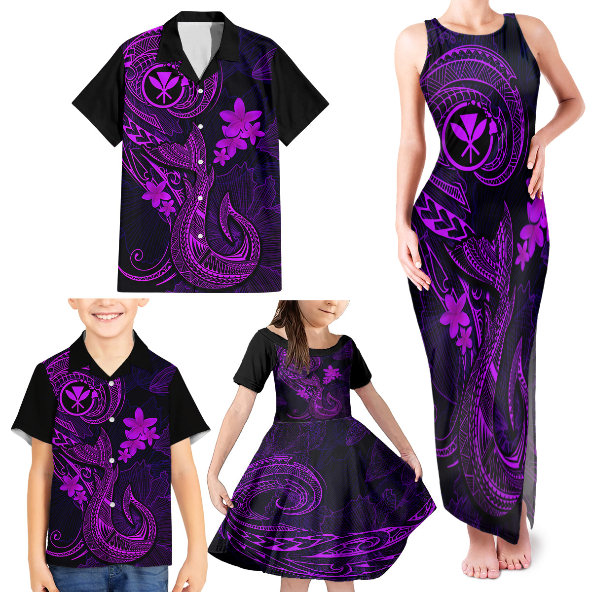 Hawaii Family Matching Tank Maxi Dress and Hawaiian Shirt Fish Hook Tattoo Mix Polynesian Plumeria Purple Version - Wonder Print Shop