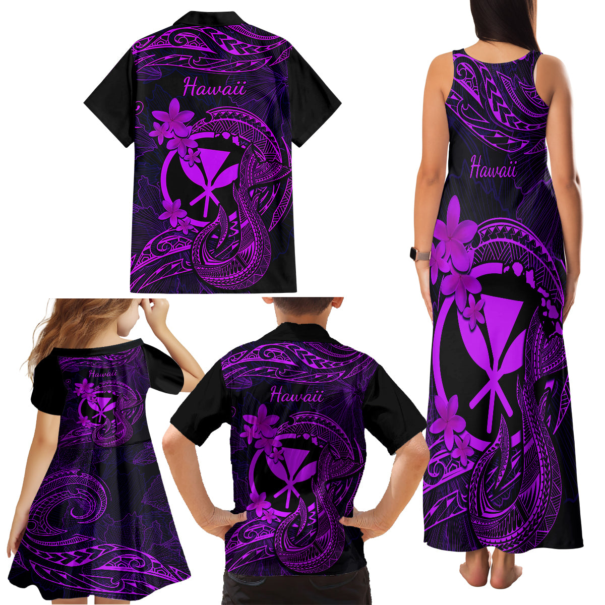 Hawaii Family Matching Tank Maxi Dress and Hawaiian Shirt Fish Hook Tattoo Mix Polynesian Plumeria Purple Version - Wonder Print Shop