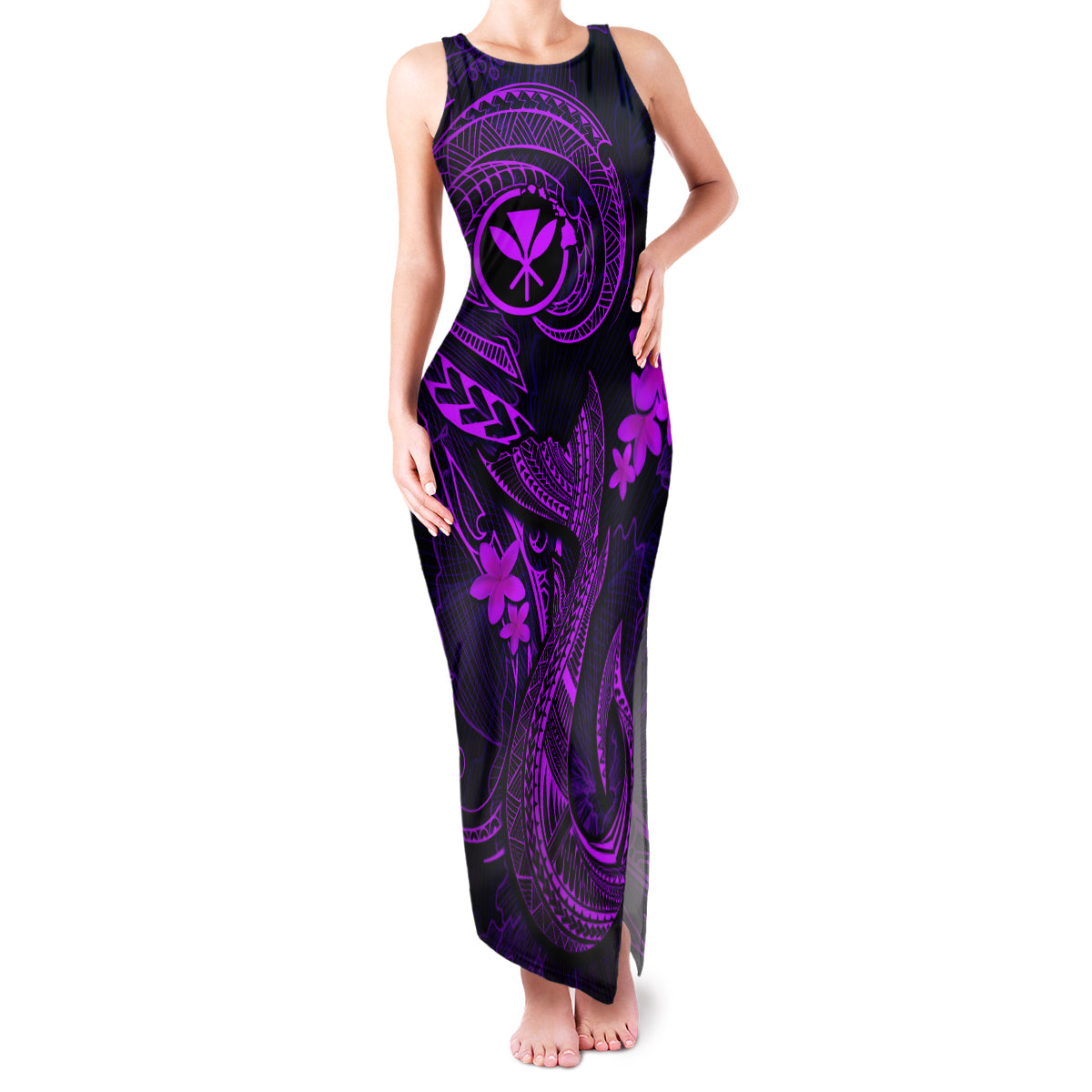 Hawaii Family Matching Tank Maxi Dress and Hawaiian Shirt Fish Hook Tattoo Mix Polynesian Plumeria Purple Version - Wonder Print Shop