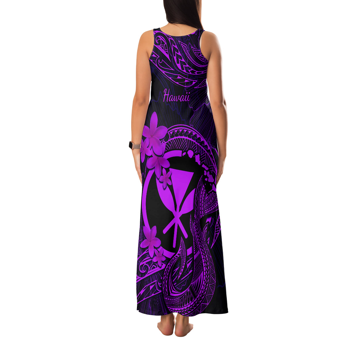 Hawaii Family Matching Tank Maxi Dress and Hawaiian Shirt Fish Hook Tattoo Mix Polynesian Plumeria Purple Version - Wonder Print Shop