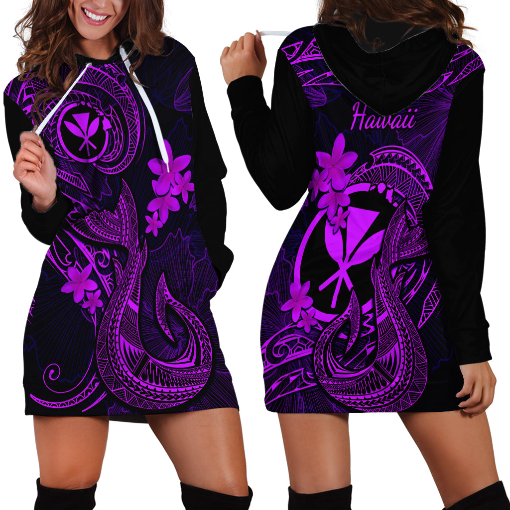 Hawaii Hoodie Dress Fish Hook Tattoo Mix Polynesian Plumeria Purple Version - Wonder Print Shop