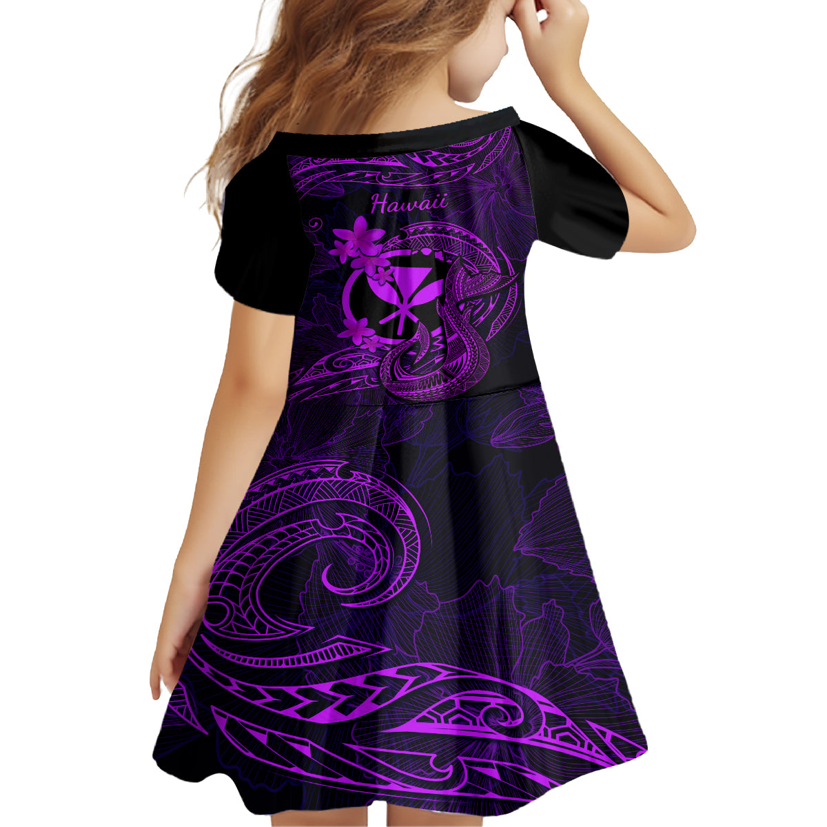 Hawaii Kid Short Sleeve Dress Fish Hook Tattoo Mix Polynesian Plumeria Purple Version - Wonder Print Shop
